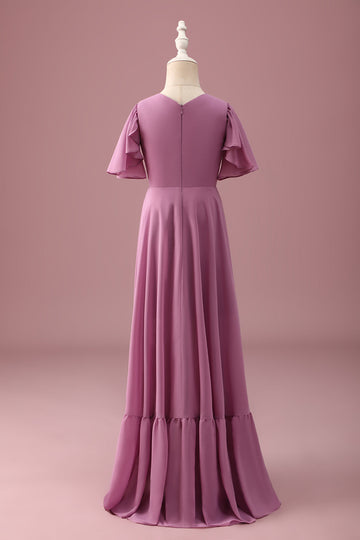 Vintage Mauve A Line Ruched Chiffon Junior Brudepike Kjole Med Korte Ermer